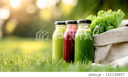 Freshly prepared juice bottles in vibrant colors placed on green grass, surrounded by leafy vegetables, showcasing healthy lifestyle and nutrition 132138857