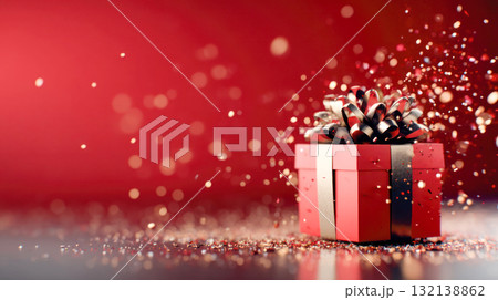 Festive red gift box adorned with a shiny bow, surrounded by sparkling glitter and a warm bokeh background, perfect for holiday celebrations 132138862