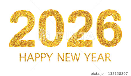 2026 golden glitter numbers with gold gradient outline and text Happy New year isolated on transparent background. Vector illustration sticker, clip art for greeting card, holiday posters, banners 132138897
