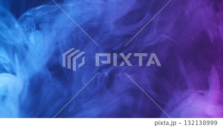 Neon steam. Color ink flow. Defocused blue purple smog texture splash liquid vapor spreading on abstract acrylic light background. 132138999