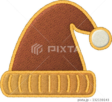 Festive brown christmas hat embroidery patch showing detailed stitch work cozy and warm holiday accessory design Festive brown christmas hat embroidery patch showing detailed stitch work cozy and warm holiday accessory design 132139143