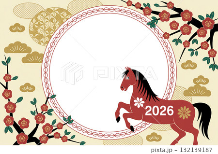 2026年・馬の年の年賀状イラスト　金屏風と梅の花の和風デザイン 132139187