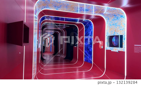 Modern exhibition at Lyon planetarium with illuminated red futuristic tunnel installation, part of a display dedicated to the complexity of life on Earth Modern exhibition at Lyon planetarium with illuminated red futuristic tunnel installation, part of a display dedicated to the complexity of life on Earth 132139284