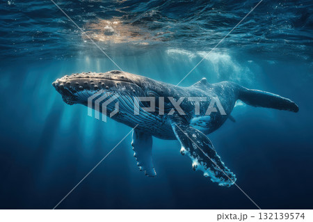 A close-up of a whale swimming shallowly underwater. A close-up of a whale swimming shallowly underwater. 132139574