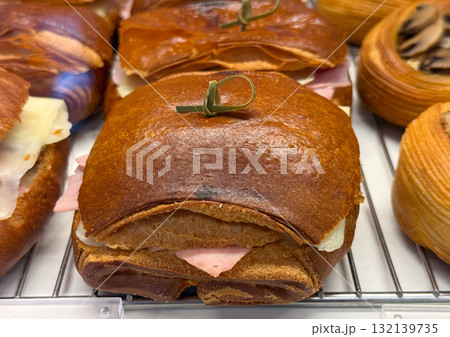 Small sandwich with ham and cheese placed on a metal rack. Freshly baked bread and deli filling presenting simple ready-to-eat food. Small sandwich with ham and cheese placed on a metal rack. Freshly baked bread and deli filling presenting simple ready-to-eat food. 132139735