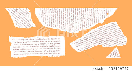 Torn French Newspaper Pieces Isolated on Orange Background Torn French Newspaper Pieces Isolated on Orange Background 132139757