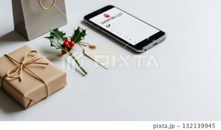 Minimalist Christmas shopping list on a smartphone next to a gift, holly, and tag for holiday commerce concept. 132139945