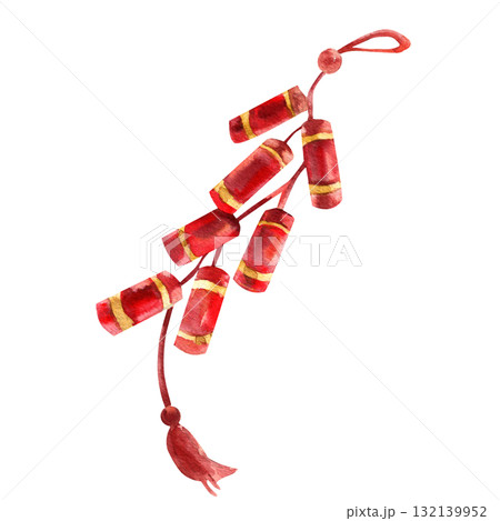 Asian traditional firecrackers watercolor illustration. Isolated red firecrackers on rope, Chinese Spring festive decor, outdoor celebration clipart for card,poster, invitation design 132139952