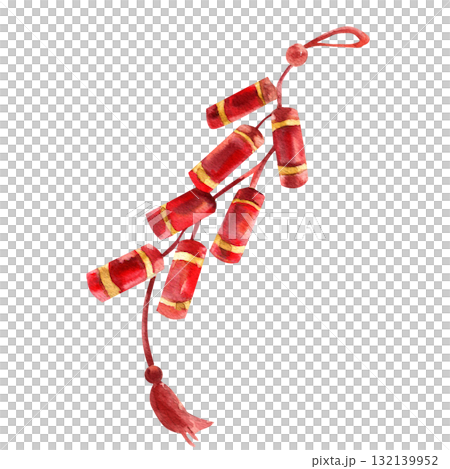 Asian traditional firecrackers watercolor illustration. Isolated red firecrackers on rope, Chinese Spring festive decor, outdoor celebration clipart for card,poster, invitation design 132139952