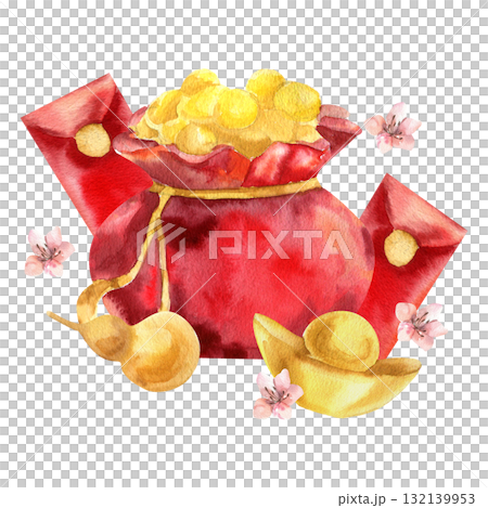 Chinese festive symbol of wealth. Spring festive watercolor clipart with coins red bag, red envelops, ingot and sakura flowers illustration. Asian New Year painting for card,invitation design 132139953