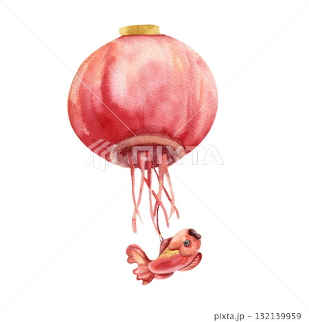 Chinese outdoor red paper lantern with hanging fish watercolor illustration. Hand drawn isolated Asian style lamp, wealth and prosperity symbol clipart for poster, sticker,card design Chinese outdoor red paper lantern with hanging fish watercolor illustration. Hand drawn isolated Asian style lamp, wealth and prosperity symbol clipart for poster, sticker,card design 132139959