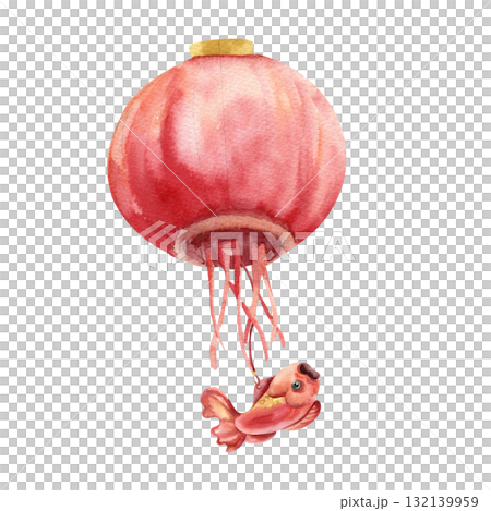 Chinese outdoor red paper lantern with hanging fish watercolor illustration. Hand drawn isolated Asian style lamp, wealth and prosperity symbol clipart for poster, sticker,card design Chinese outdoor red paper lantern with hanging fish watercolor illustration. Hand drawn isolated Asian style lamp, wealth and prosperity symbol clipart for poster, sticker,card design 132139959