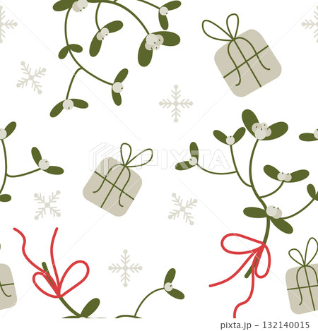 Vector seamless pattern with mistletoe, snowflakes, and gift boxes Vector seamless pattern with mistletoe, snowflakes, and gift boxes 132140015