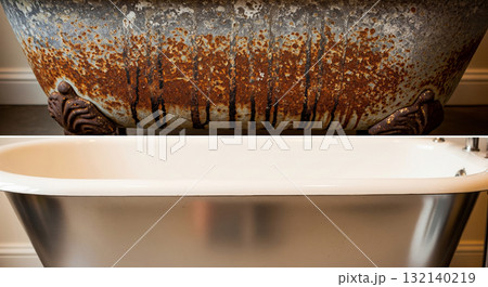 An old cast iron bathtub is displayed, divided horizontally. The top half shows extensive rust, while the bottom half gleams with a polished, clean surface, revealing a dramatic difference. 132140219