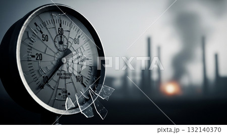 A shattered high pressure gauge displays a critical reading, set against a blurred background revealing steam and signs of an industrial explosion, signaling urgent danger. 132140370