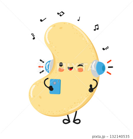 Cute cartoon cashew nut listening music with headphones 132140535