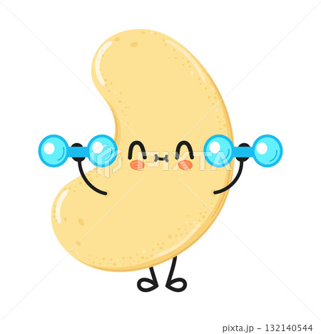 Cashew nut cartoon character exercising with dumbbells Cashew nut cartoon character exercising with dumbbells 132140544