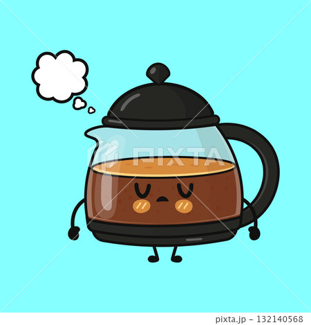 Sad coffee pot character thinking with thought bubble 132140568
