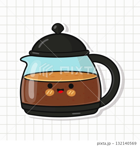 Cute coffee pot kawaii sticker cartoon illustration 132140569
