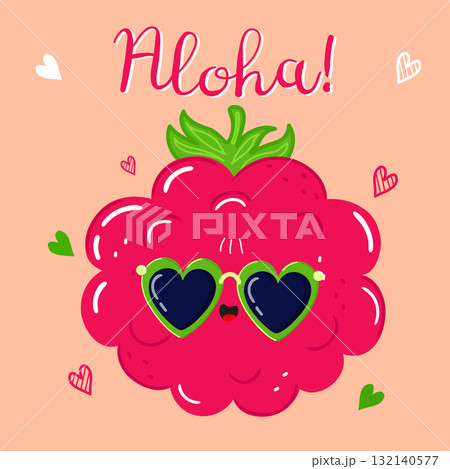 Raspberry fruit wearing heart sunglasses saying Aloha 132140577