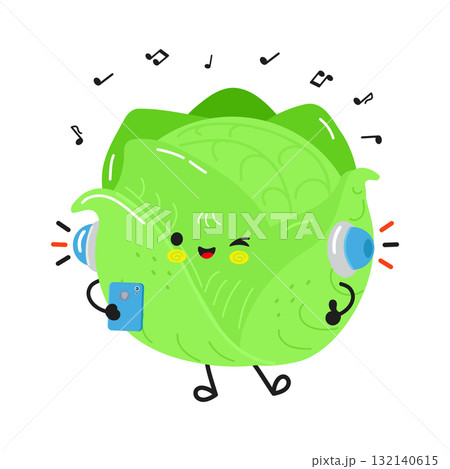 Cabbage character listening music using smartphone headphones 132140615