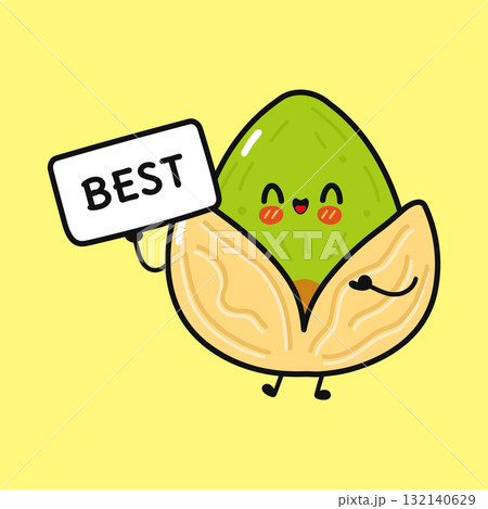 Smiling pistachio nut character holding best sign Smiling pistachio nut character holding best sign 132140629