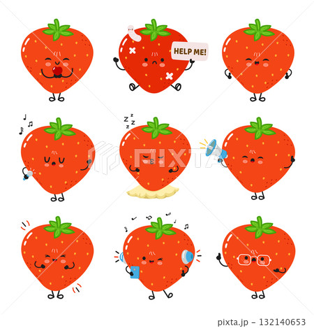 Strawberry cartoon characters showing various emotions set Strawberry cartoon characters showing various emotions set 132140653