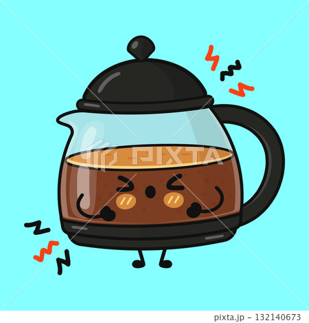 Angry coffee pot character getting energy from caffeine 132140673