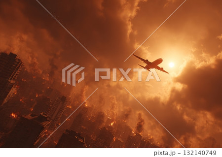 City in Flames as Airplane Flies Overhead During Dramatic Sunset City in Flames as Airplane Flies Overhead During Dramatic Sunset 132140749