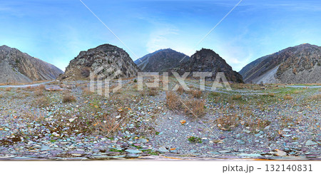 Spherical HDRi panorama of dry rocky riverbed in mountain ravine 132140831