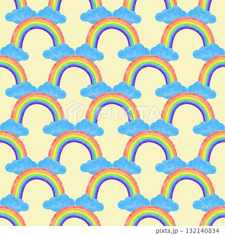 Seamless bright pattern made with colored pencils. A drawing with a multicolored rainbow and clouds on a yellow background. Children's drawing for textiles, packaging, wallpaper 132140834