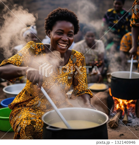 Happy african woman in a traditional dress cooking food in a pot on an open fire in her village 132140946