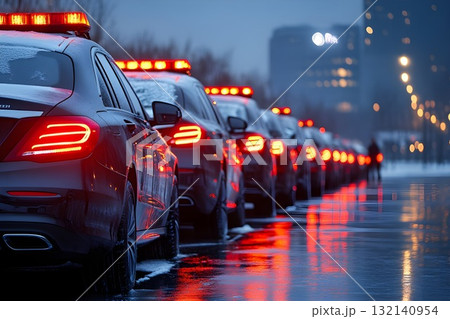 Row of police cars with flashing lights parked on snowy street at dusk, urban response readiness 132140954