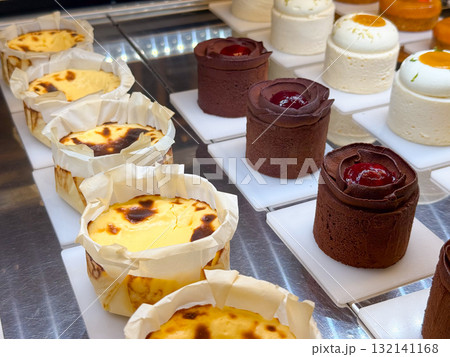 Assortment of chocolate and cheesecake desserts arranged in neat rows. Variety of forms expressing pastry diversity and confectionery artistry. 132141168