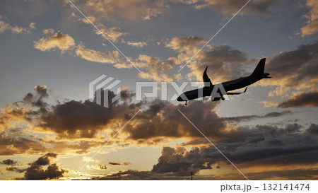 Passenger airplane landing at sunset in cloudy sky Passenger airplane landing at sunset in cloudy sky 132141474