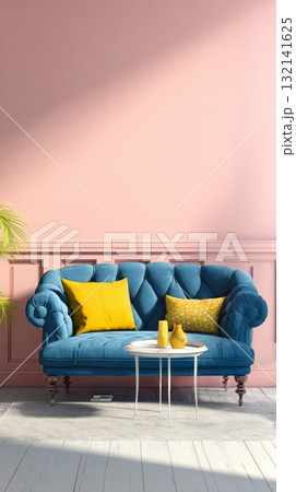 Stylish Blue Sofa Set Against Pink Wall With Decorative Cushions and Table in Bright Sunlight Stylish Blue Sofa Set Against Pink Wall With Decorative Cushions and Table in Bright Sunlight 132141625