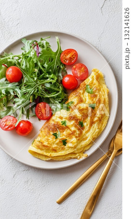 Delicious Omelette Served With Fresh Salad and Cherry Tomatoes on a Stylish Plate Delicious Omelette Served With Fresh Salad and Cherry Tomatoes on a Stylish Plate 132141626