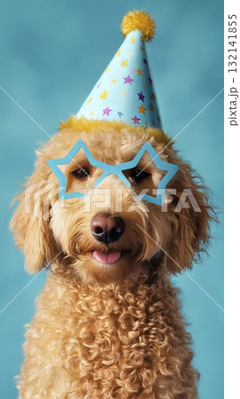 Dog Wearing Festive Party Hat and Star-Shaped Glasses Poses for Celebration Dog Wearing Festive Party Hat and Star-Shaped Glasses Poses for Celebration 132141855
