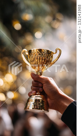 Shining Gold Trophy Held High in Celebration After Significant Achievement Shining Gold Trophy Held High in Celebration After Significant Achievement 132141988