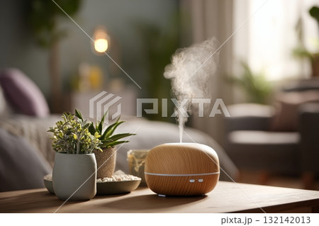 Stylish Essential Oil Diffuser Emits Aromatic Mist in Cozy Room With Plants and Soft Lighting 132142013