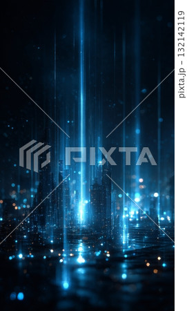 Illuminated City Skyline With Blue Light Beams During Night Illuminated City Skyline With Blue Light Beams During Night 132142119