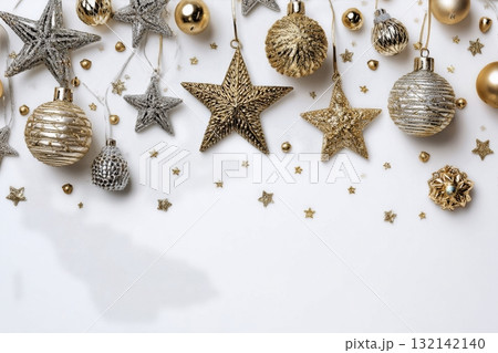 Decorative Gold and Silver Ornaments and Stars for Holiday Celebrations on a Bright Background 132142140