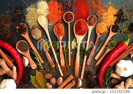 Colorful mix of herb and spice varieties: curry and coriander, turmeric and clove, paprika and pepper, cinnamon and garlic, cardamon and oregano Colorful mix of herb and spice varieties: curry and coriander, turmeric and clove, paprika and pepper, cinnamon and garlic, cardamon and oregano 132142199