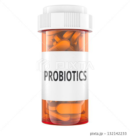 Pill bottle with probiotics. 3D rendering 132142233