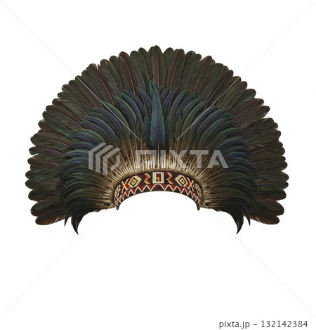 Traditional native american feathered headdress with an intricate beaded headband isolated on white 132142384