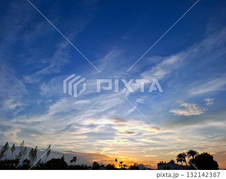 A stunning sunrise breaks over the horizon in southern Spain, illuminating the sky with warm hues. Palm trees frame the scene, creating a peaceful and serene atmosphere. A stunning sunrise breaks over the horizon in southern Spain, illuminating the sky with warm hues. Palm trees frame the scene, creating a peaceful and serene atmosphere. 132142387