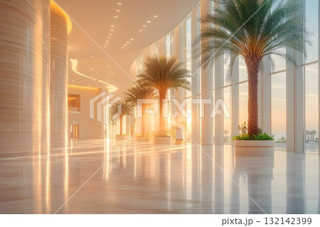 Sunlit luxury atrium with tall palms and curved glass facade, glossy marble floor and warm reflections Sunlit luxury atrium with tall palms and curved glass facade, glossy marble floor and warm reflections 132142399