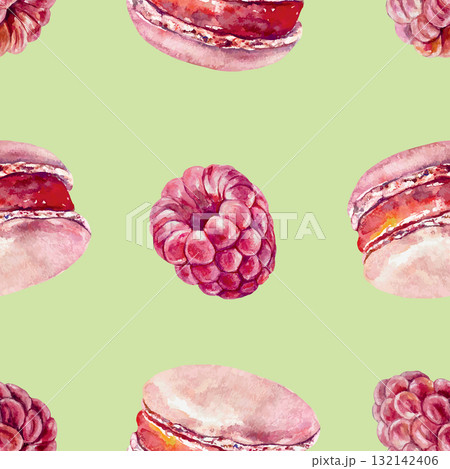 Raspberry and pink macaroon seamless pattern. Hand drawn watercolor illustration. Suitable for label design, wrapping paper, textiles and scrapbooking. Raspberry and pink macaroon seamless pattern. Hand drawn watercolor illustration. Suitable for label design, wrapping paper, textiles and scrapbooking. 132142406