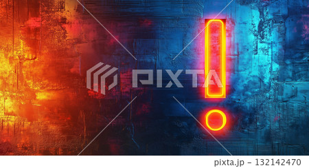 Neon exclamation mark on abstract orange-blue grunge background. Symbol of urgency, warning, alert, or critical message for emergency, tech, or news-related themes Neon exclamation mark on abstract orange-blue grunge background. Symbol of urgency, warning, alert, or critical message for emergency, tech, or news-related themes 132142470