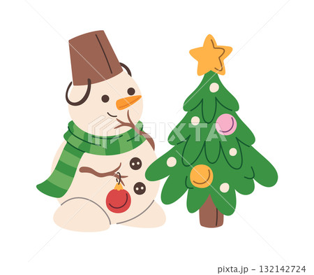 Christmas snowman decorating fir tree Christmas snowman decorating fir tree 132142724